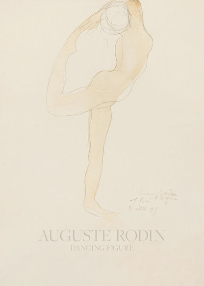 A framed art print of 'Dancing Figure' by Auguste Rodin. The artwork is a minimalist sketch with a light tan watercolor wash of a nude figure in a flexible, contorted dance pose on a cream-colored background. The artist's name and the title are printed at the bottom. Poster