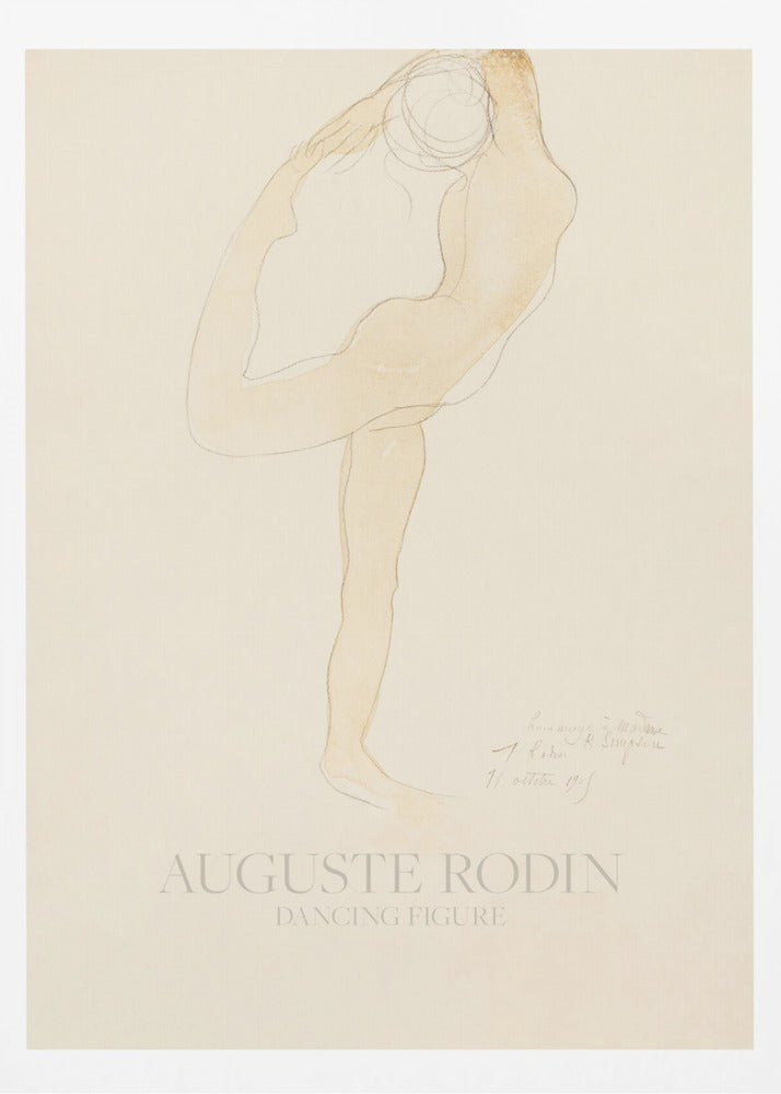 A framed art print of 'Dancing Figure' by Auguste Rodin. The artwork is a minimalist sketch with a light tan watercolor wash of a nude figure in a flexible, contorted dance pose on a cream-colored background. The artist's name and the title are printed at the bottom. Poster