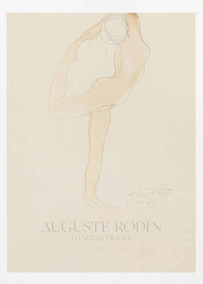 A framed art print of 'Dancing Figure' by Auguste Rodin. The artwork is a minimalist sketch with a light tan watercolor wash of a nude figure in a flexible, contorted dance pose on a cream-colored background. The artist's name and the title are printed at the bottom. Poster