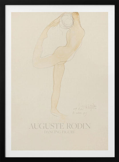 A framed art print of 'Dancing Figure' by Auguste Rodin. The artwork is a minimalist sketch with a light tan watercolor wash of a nude figure in a flexible, contorted dance pose on a cream-colored background. The artist's name and the title are printed at the bottom. Poster