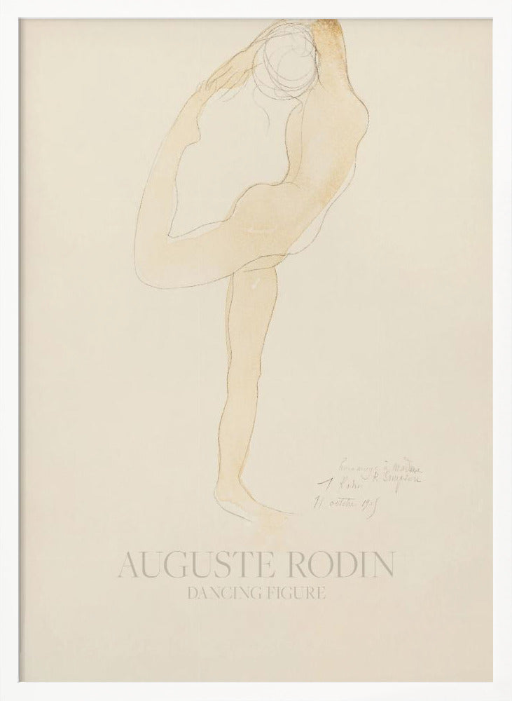 A framed art print of 'Dancing Figure' by Auguste Rodin. The artwork is a minimalist sketch with a light tan watercolor wash of a nude figure in a flexible, contorted dance pose on a cream-colored background. The artist's name and the title are printed at the bottom. Poster