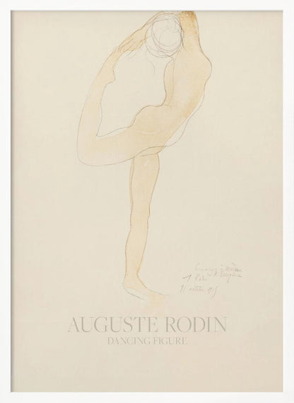 A framed art print of 'Dancing Figure' by Auguste Rodin. The artwork is a minimalist sketch with a light tan watercolor wash of a nude figure in a flexible, contorted dance pose on a cream-colored background. The artist's name and the title are printed at the bottom. Poster