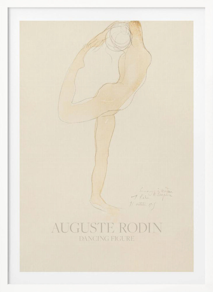 A framed art print of 'Dancing Figure' by Auguste Rodin. The artwork is a minimalist sketch with a light tan watercolor wash of a nude figure in a flexible, contorted dance pose on a cream-colored background. The artist's name and the title are printed at the bottom. Poster