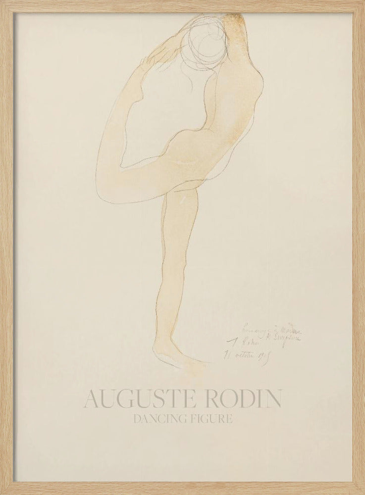 A framed art print of 'Dancing Figure' by Auguste Rodin. The artwork is a minimalist sketch with a light tan watercolor wash of a nude figure in a flexible, contorted dance pose on a cream-colored background. The artist's name and the title are printed at the bottom. Poster
