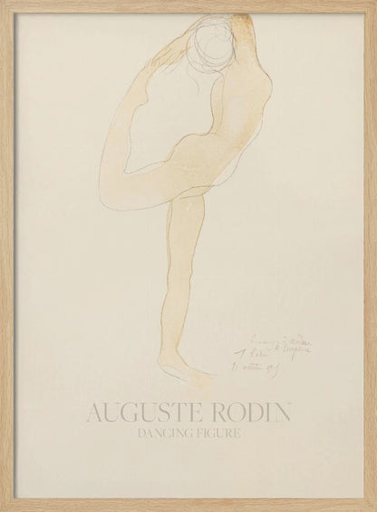 A framed art print of 'Dancing Figure' by Auguste Rodin. The artwork is a minimalist sketch with a light tan watercolor wash of a nude figure in a flexible, contorted dance pose on a cream-colored background. The artist's name and the title are printed at the bottom. Poster