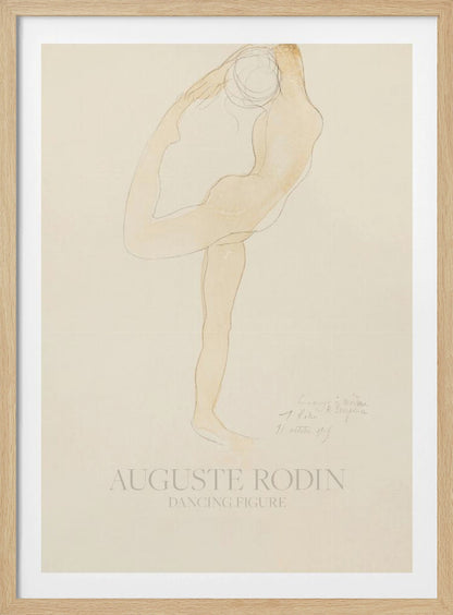 A framed art print of 'Dancing Figure' by Auguste Rodin. The artwork is a minimalist sketch with a light tan watercolor wash of a nude figure in a flexible, contorted dance pose on a cream-colored background. The artist's name and the title are printed at the bottom. Poster