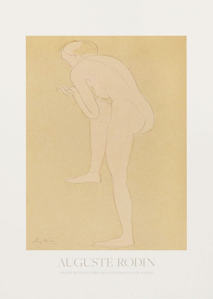 An art print of a sketch by Auguste Rodin titled 'Figure Bending Forward with Right Knee Raised'. The minimalist line drawing depicts a nude figure against a warm, yellow-beige background, matted in white and set in a simple black frame. Print