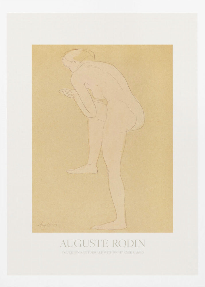An art print of a sketch by Auguste Rodin titled 'Figure Bending Forward with Right Knee Raised'. The minimalist line drawing depicts a nude figure against a warm, yellow-beige background, matted in white and set in a simple black frame. Print