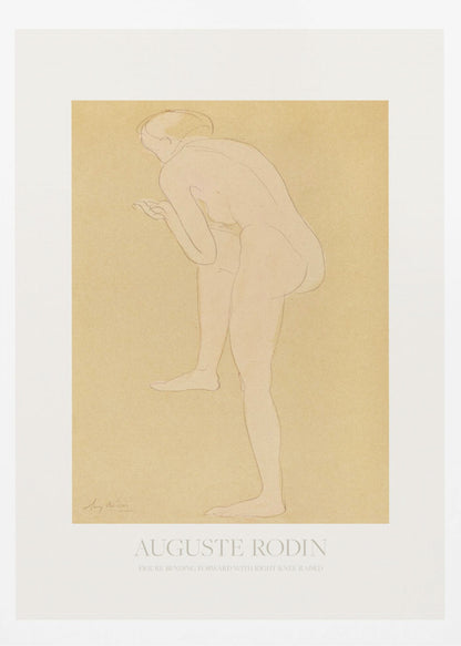An art print of a sketch by Auguste Rodin titled 'Figure Bending Forward with Right Knee Raised'. The minimalist line drawing depicts a nude figure against a warm, yellow-beige background, matted in white and set in a simple black frame. Print
