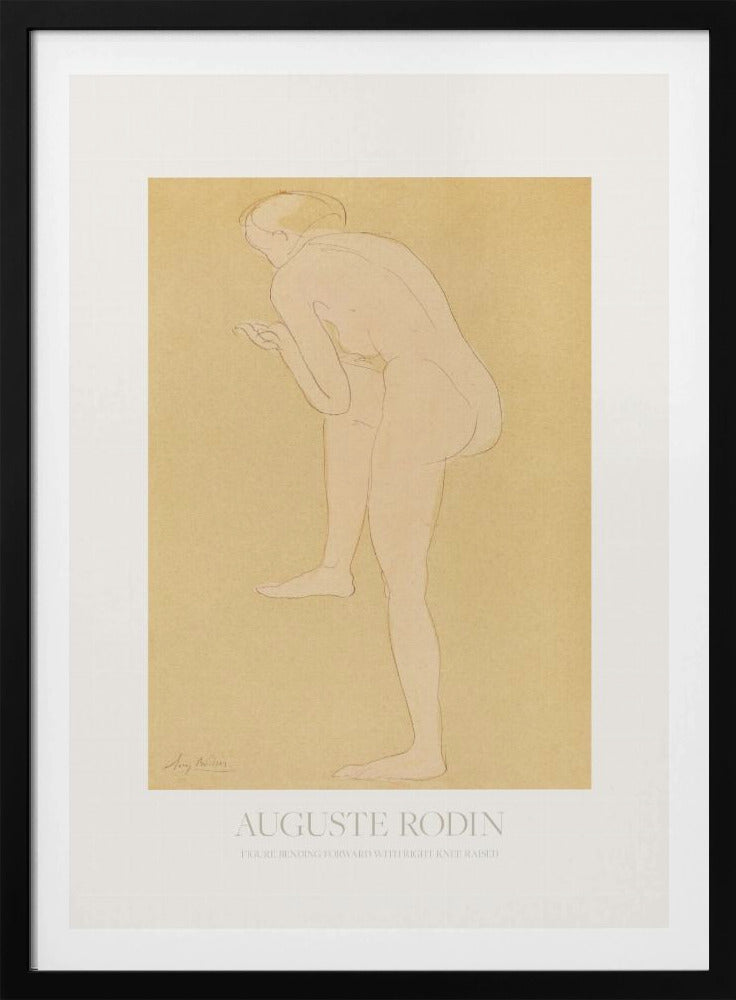 An art print of a sketch by Auguste Rodin titled 'Figure Bending Forward with Right Knee Raised'. The minimalist line drawing depicts a nude figure against a warm, yellow-beige background, matted in white and set in a simple black frame. Print