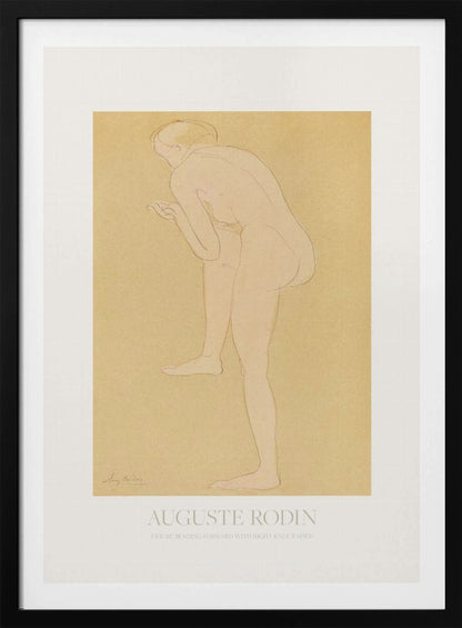 An art print of a sketch by Auguste Rodin titled 'Figure Bending Forward with Right Knee Raised'. The minimalist line drawing depicts a nude figure against a warm, yellow-beige background, matted in white and set in a simple black frame. Print