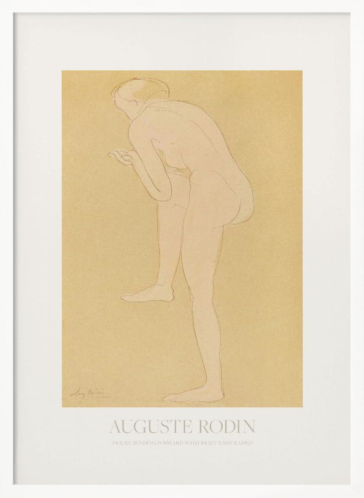An art print of a sketch by Auguste Rodin titled 'Figure Bending Forward with Right Knee Raised'. The minimalist line drawing depicts a nude figure against a warm, yellow-beige background, matted in white and set in a simple black frame. Print