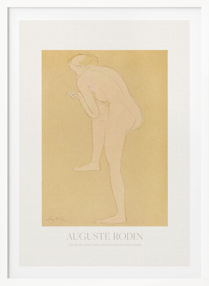 An art print of a sketch by Auguste Rodin titled 'Figure Bending Forward with Right Knee Raised'. The minimalist line drawing depicts a nude figure against a warm, yellow-beige background, matted in white and set in a simple black frame. Print