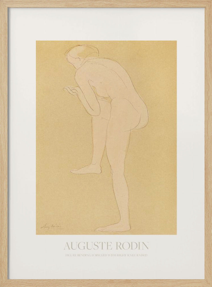 An art print of a sketch by Auguste Rodin titled 'Figure Bending Forward with Right Knee Raised'. The minimalist line drawing depicts a nude figure against a warm, yellow-beige background, matted in white and set in a simple black frame. Print