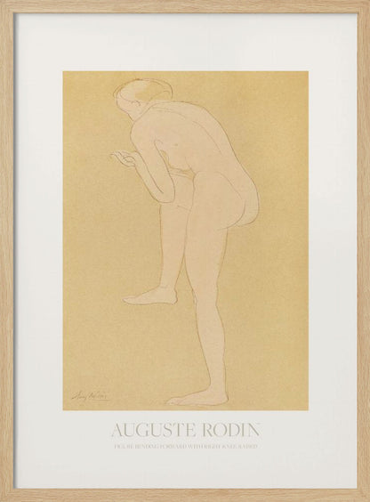 An art print of a sketch by Auguste Rodin titled 'Figure Bending Forward with Right Knee Raised'. The minimalist line drawing depicts a nude figure against a warm, yellow-beige background, matted in white and set in a simple black frame. Print