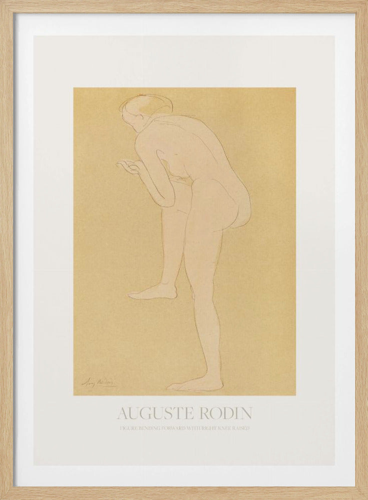 An art print of a sketch by Auguste Rodin titled 'Figure Bending Forward with Right Knee Raised'. The minimalist line drawing depicts a nude figure against a warm, yellow-beige background, matted in white and set in a simple black frame. Print
