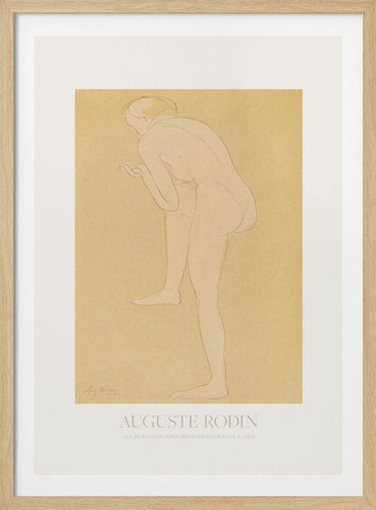 An art print of a sketch by Auguste Rodin titled 'Figure Bending Forward with Right Knee Raised'. The minimalist line drawing depicts a nude figure against a warm, yellow-beige background, matted in white and set in a simple black frame. Print