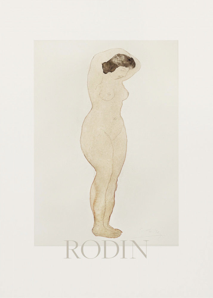 A framed art print of a sketch by Auguste Rodin. The drawing features a standing nude woman in profile with her arms raised behind her head. The artwork is done in a minimalist style with brown outlines and a light beige watercolor wash on an off-white background, with the name 'RODIN' printed below. The print is surrounded by a white mat and a simple black frame. Decor