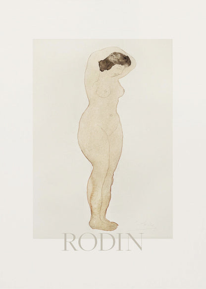 A framed art print of a sketch by Auguste Rodin. The drawing features a standing nude woman in profile with her arms raised behind her head. The artwork is done in a minimalist style with brown outlines and a light beige watercolor wash on an off-white background, with the name 'RODIN' printed below. The print is surrounded by a white mat and a simple black frame. Decor