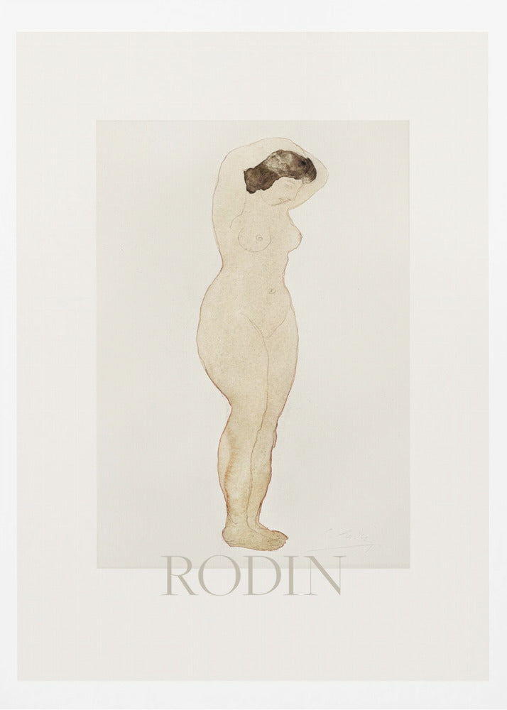 A framed art print of a sketch by Auguste Rodin. The drawing features a standing nude woman in profile with her arms raised behind her head. The artwork is done in a minimalist style with brown outlines and a light beige watercolor wash on an off-white background, with the name 'RODIN' printed below. The print is surrounded by a white mat and a simple black frame. Decor