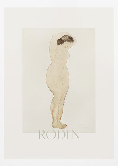 A framed art print of a sketch by Auguste Rodin. The drawing features a standing nude woman in profile with her arms raised behind her head. The artwork is done in a minimalist style with brown outlines and a light beige watercolor wash on an off-white background, with the name 'RODIN' printed below. The print is surrounded by a white mat and a simple black frame. Decor