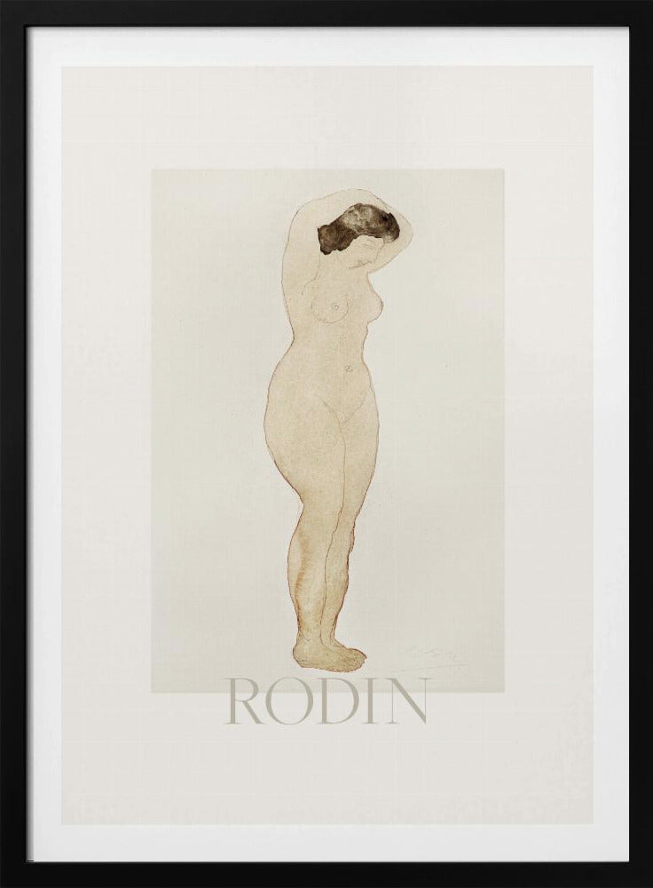 A framed art print of a sketch by Auguste Rodin. The drawing features a standing nude woman in profile with her arms raised behind her head. The artwork is done in a minimalist style with brown outlines and a light beige watercolor wash on an off-white background, with the name 'RODIN' printed below. The print is surrounded by a white mat and a simple black frame. Decor