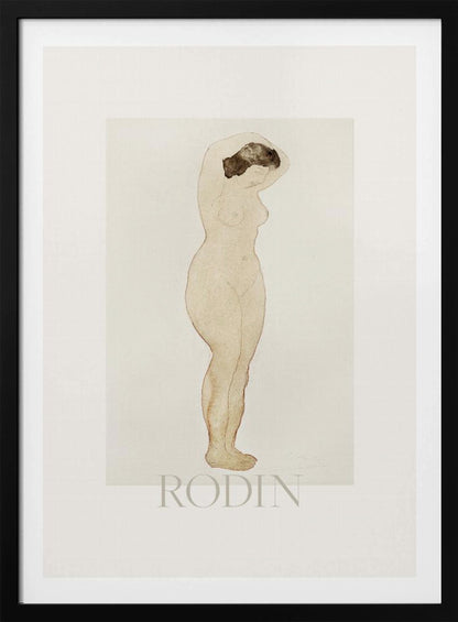 A framed art print of a sketch by Auguste Rodin. The drawing features a standing nude woman in profile with her arms raised behind her head. The artwork is done in a minimalist style with brown outlines and a light beige watercolor wash on an off-white background, with the name 'RODIN' printed below. The print is surrounded by a white mat and a simple black frame. Decor