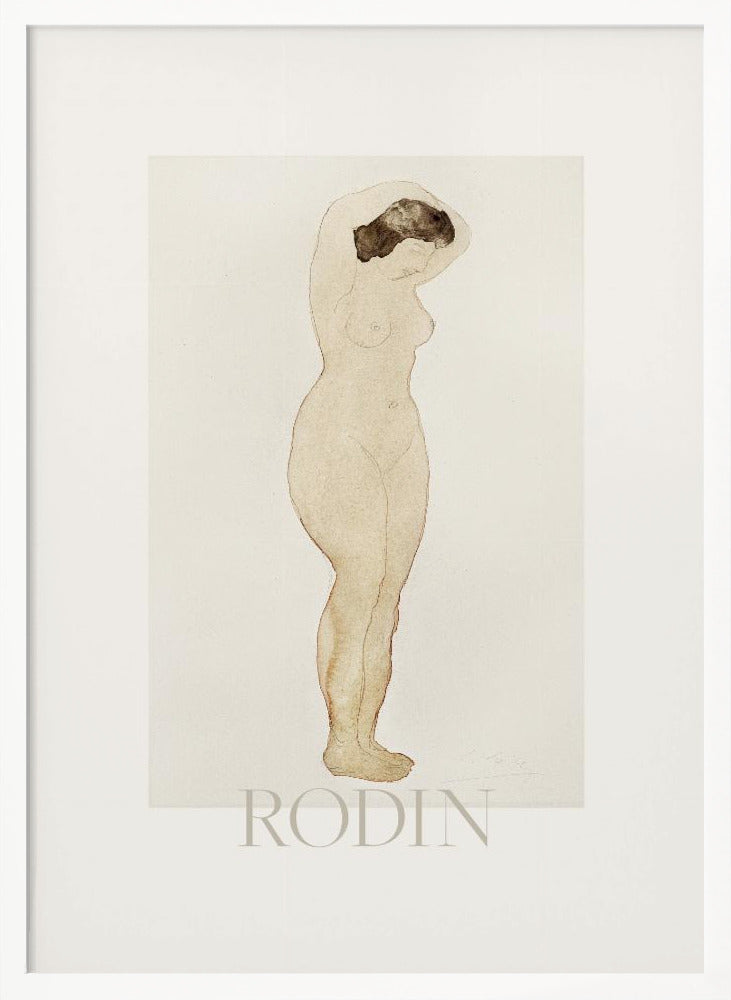 A framed art print of a sketch by Auguste Rodin. The drawing features a standing nude woman in profile with her arms raised behind her head. The artwork is done in a minimalist style with brown outlines and a light beige watercolor wash on an off-white background, with the name 'RODIN' printed below. The print is surrounded by a white mat and a simple black frame. Decor