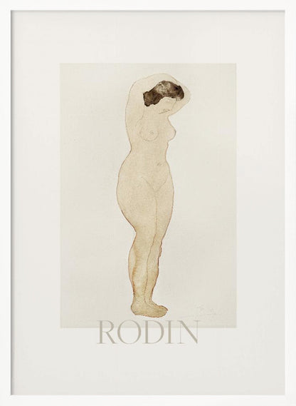 A framed art print of a sketch by Auguste Rodin. The drawing features a standing nude woman in profile with her arms raised behind her head. The artwork is done in a minimalist style with brown outlines and a light beige watercolor wash on an off-white background, with the name 'RODIN' printed below. The print is surrounded by a white mat and a simple black frame. Decor