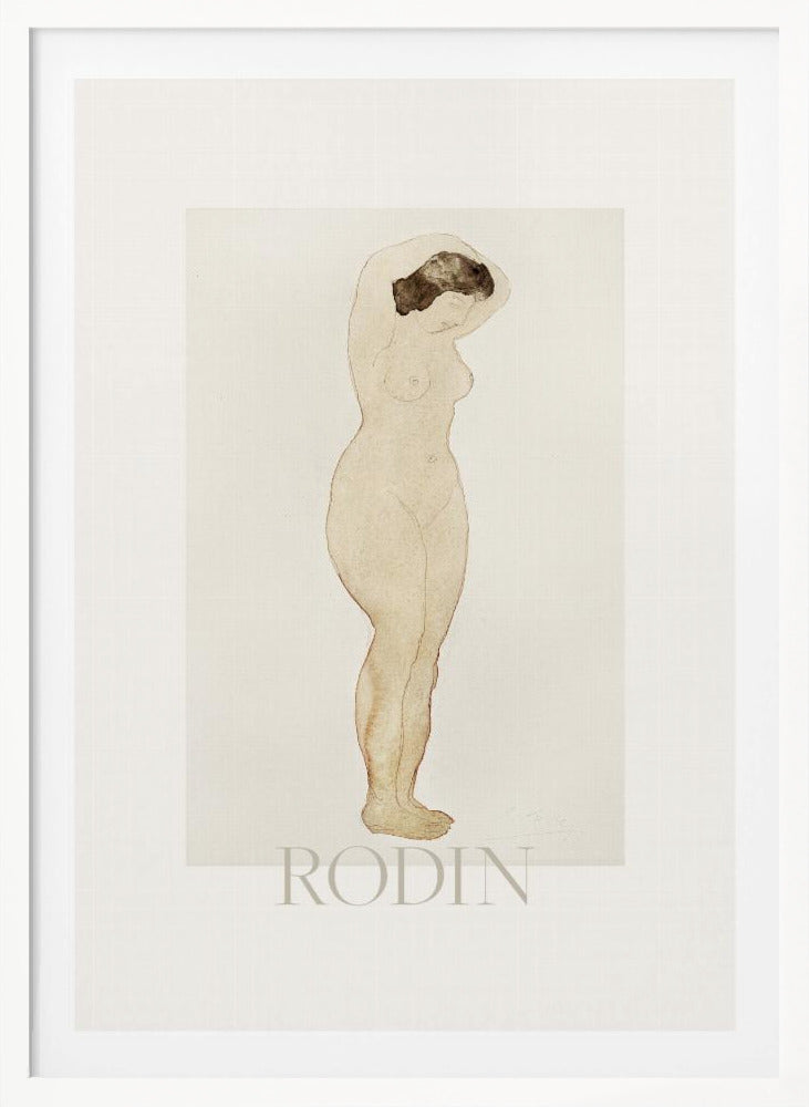 A framed art print of a sketch by Auguste Rodin. The drawing features a standing nude woman in profile with her arms raised behind her head. The artwork is done in a minimalist style with brown outlines and a light beige watercolor wash on an off-white background, with the name 'RODIN' printed below. The print is surrounded by a white mat and a simple black frame. Decor