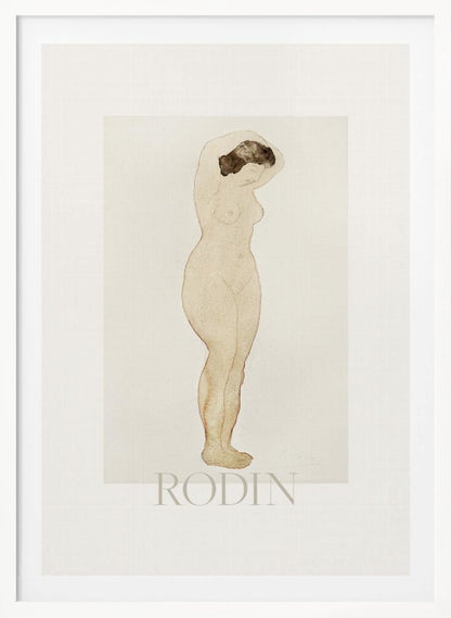 A framed art print of a sketch by Auguste Rodin. The drawing features a standing nude woman in profile with her arms raised behind her head. The artwork is done in a minimalist style with brown outlines and a light beige watercolor wash on an off-white background, with the name 'RODIN' printed below. The print is surrounded by a white mat and a simple black frame. Decor