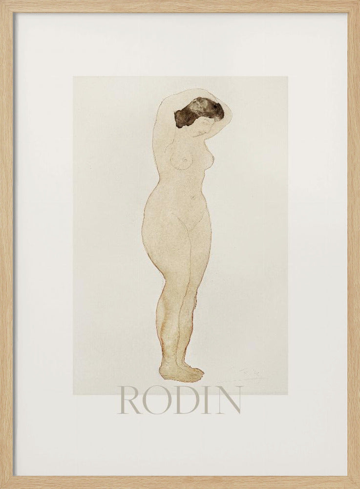 A framed art print of a sketch by Auguste Rodin. The drawing features a standing nude woman in profile with her arms raised behind her head. The artwork is done in a minimalist style with brown outlines and a light beige watercolor wash on an off-white background, with the name 'RODIN' printed below. The print is surrounded by a white mat and a simple black frame. Decor
