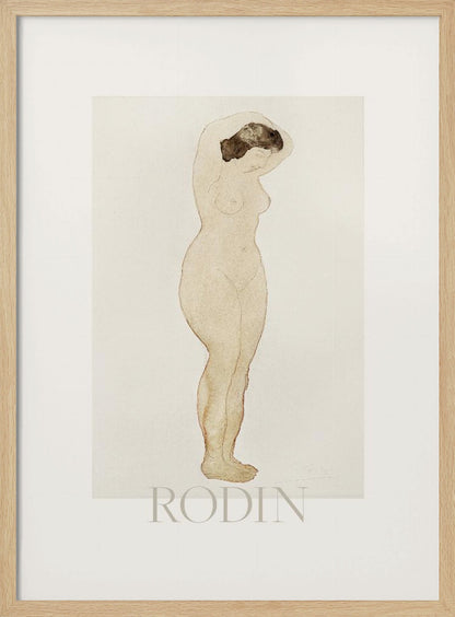 A framed art print of a sketch by Auguste Rodin. The drawing features a standing nude woman in profile with her arms raised behind her head. The artwork is done in a minimalist style with brown outlines and a light beige watercolor wash on an off-white background, with the name 'RODIN' printed below. The print is surrounded by a white mat and a simple black frame. Decor
