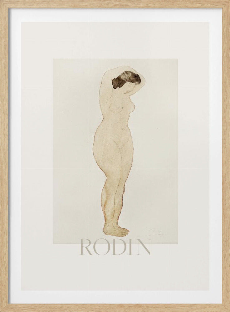 A framed art print of a sketch by Auguste Rodin. The drawing features a standing nude woman in profile with her arms raised behind her head. The artwork is done in a minimalist style with brown outlines and a light beige watercolor wash on an off-white background, with the name 'RODIN' printed below. The print is surrounded by a white mat and a simple black frame. Decor