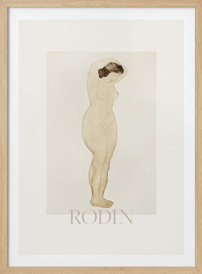A framed art print of a sketch by Auguste Rodin. The drawing features a standing nude woman in profile with her arms raised behind her head. The artwork is done in a minimalist style with brown outlines and a light beige watercolor wash on an off-white background, with the name 'RODIN' printed below. The print is surrounded by a white mat and a simple black frame. Decor