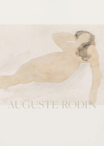 A framed watercolor painting by Auguste Rodin of a reclining nude woman. The figure is rendered in soft flesh tones and graphite with dark hair, set against a pale cream and beige background. The artist's name is printed in light text at the bottom. Poster