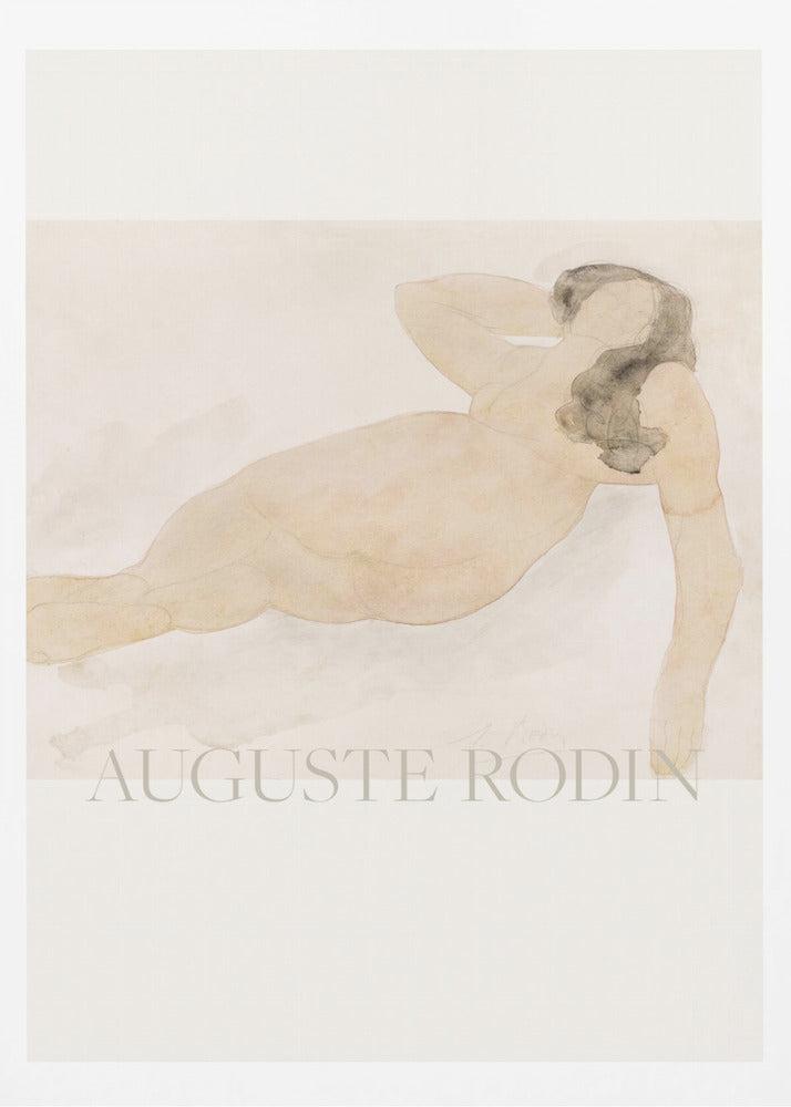 A framed watercolor painting by Auguste Rodin of a reclining nude woman. The figure is rendered in soft flesh tones and graphite with dark hair, set against a pale cream and beige background. The artist's name is printed in light text at the bottom. Poster