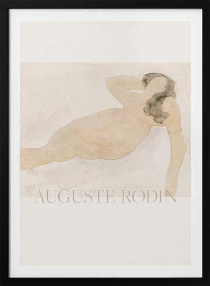 A framed watercolor painting by Auguste Rodin of a reclining nude woman. The figure is rendered in soft flesh tones and graphite with dark hair, set against a pale cream and beige background. The artist's name is printed in light text at the bottom. Poster