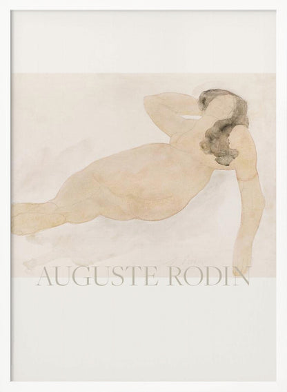 A framed watercolor painting by Auguste Rodin of a reclining nude woman. The figure is rendered in soft flesh tones and graphite with dark hair, set against a pale cream and beige background. The artist's name is printed in light text at the bottom. Poster