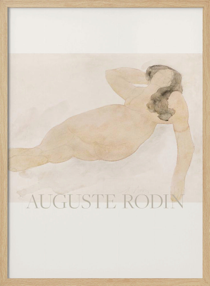 A framed watercolor painting by Auguste Rodin of a reclining nude woman. The figure is rendered in soft flesh tones and graphite with dark hair, set against a pale cream and beige background. The artist's name is printed in light text at the bottom. Poster