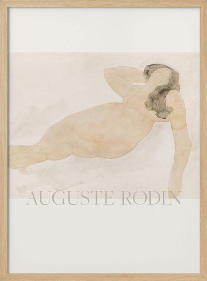 A framed watercolor painting by Auguste Rodin of a reclining nude woman. The figure is rendered in soft flesh tones and graphite with dark hair, set against a pale cream and beige background. The artist's name is printed in light text at the bottom. Poster