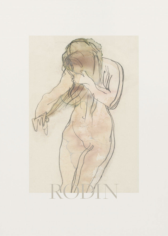 A framed art print of a sketch by Rodin. The artwork features a nude female figure drawn with expressive black lines and filled with soft watercolor washes of pink and beige. The figure is turned partially away, with her head bowed and hands near her face. The piece is set against a cream background with a wide white mat and a thin black frame. Decor