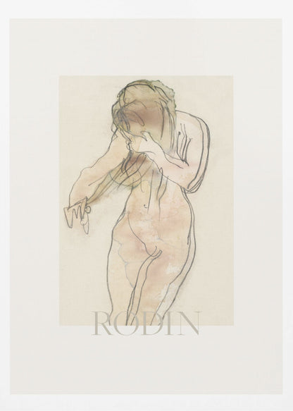 A framed art print of a sketch by Rodin. The artwork features a nude female figure drawn with expressive black lines and filled with soft watercolor washes of pink and beige. The figure is turned partially away, with her head bowed and hands near her face. The piece is set against a cream background with a wide white mat and a thin black frame. Decor