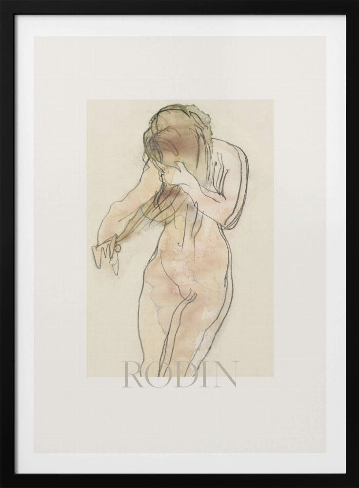 A framed art print of a sketch by Rodin. The artwork features a nude female figure drawn with expressive black lines and filled with soft watercolor washes of pink and beige. The figure is turned partially away, with her head bowed and hands near her face. The piece is set against a cream background with a wide white mat and a thin black frame. Decor