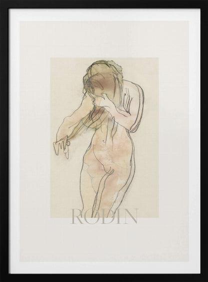 A framed art print of a sketch by Rodin. The artwork features a nude female figure drawn with expressive black lines and filled with soft watercolor washes of pink and beige. The figure is turned partially away, with her head bowed and hands near her face. The piece is set against a cream background with a wide white mat and a thin black frame. Decor