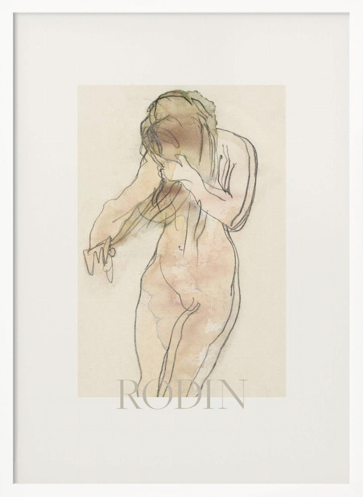 A framed art print of a sketch by Rodin. The artwork features a nude female figure drawn with expressive black lines and filled with soft watercolor washes of pink and beige. The figure is turned partially away, with her head bowed and hands near her face. The piece is set against a cream background with a wide white mat and a thin black frame. Decor