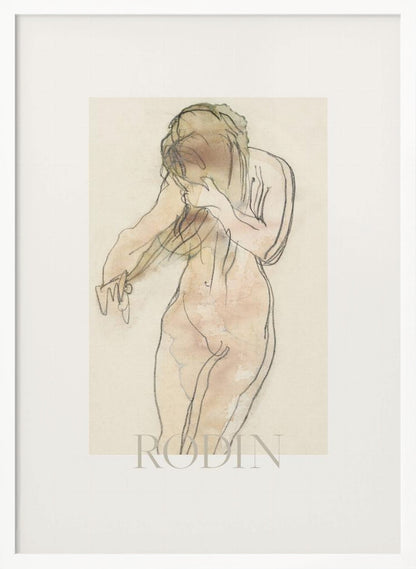 A framed art print of a sketch by Rodin. The artwork features a nude female figure drawn with expressive black lines and filled with soft watercolor washes of pink and beige. The figure is turned partially away, with her head bowed and hands near her face. The piece is set against a cream background with a wide white mat and a thin black frame. Decor
