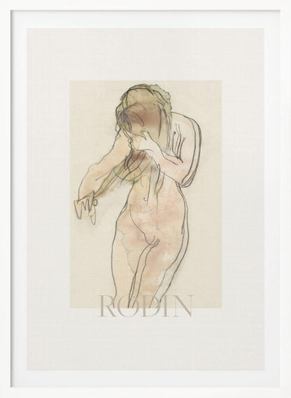 A framed art print of a sketch by Rodin. The artwork features a nude female figure drawn with expressive black lines and filled with soft watercolor washes of pink and beige. The figure is turned partially away, with her head bowed and hands near her face. The piece is set against a cream background with a wide white mat and a thin black frame. Decor
