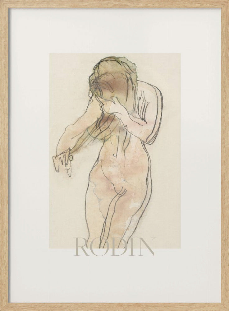 A framed art print of a sketch by Rodin. The artwork features a nude female figure drawn with expressive black lines and filled with soft watercolor washes of pink and beige. The figure is turned partially away, with her head bowed and hands near her face. The piece is set against a cream background with a wide white mat and a thin black frame. Decor