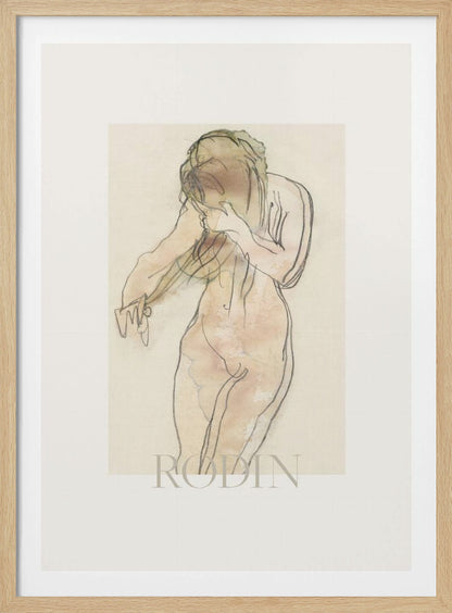 A framed art print of a sketch by Rodin. The artwork features a nude female figure drawn with expressive black lines and filled with soft watercolor washes of pink and beige. The figure is turned partially away, with her head bowed and hands near her face. The piece is set against a cream background with a wide white mat and a thin black frame. Decor